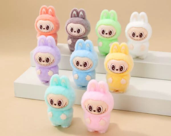 9PCS Flocked Sitting Bunny Figures – Cute Smiling Rabbit Resin Ornaments with Colorful Fur Coats, Mini Kawaii Desktop Decor for Home, Office & Car Dashboard