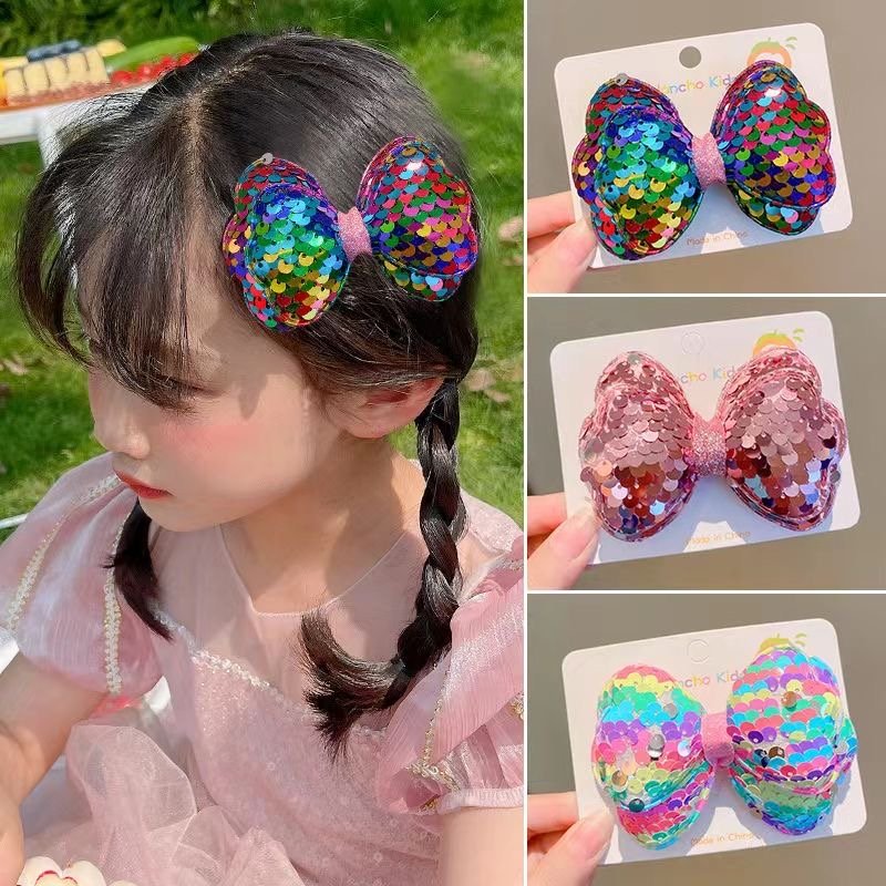 Rainbow Multicolor Sequin Bow Hair Clip - Image 2
